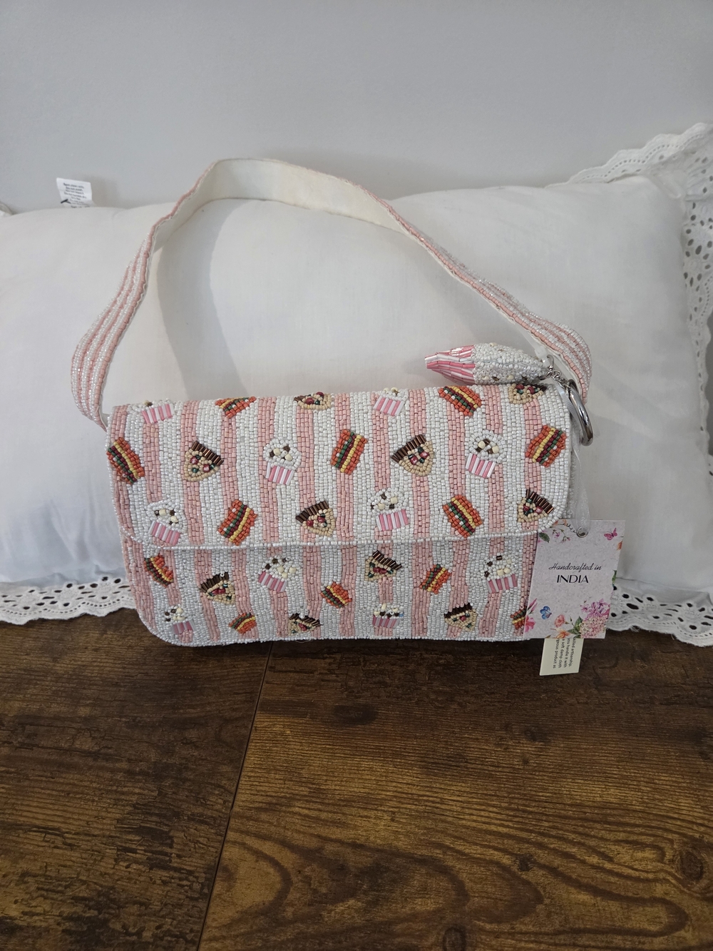 Handcrated In INDIA viral Pink Beaded Shoulder Bag with Dessert Motif